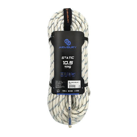 CUERDA SEMI-ESTÁTICA 10.5MM BLANCO-CHISPAS NEGRAS Y CELESTES (PRESENTACIÓN MÁX 400MTS) 25.5 kN CE-EN 1891 S10.5TPS ARMBURY