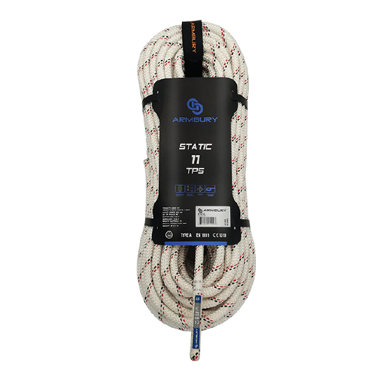 CUERDA SEMI-ESTÁTICA 11MM BLANCO-CHISPAS NEGRAS Y ROJAS (PRESENTACIÓN MÁX 400MTS) 28.5 kN CE-EN 1891 S11TPS ARMBURY