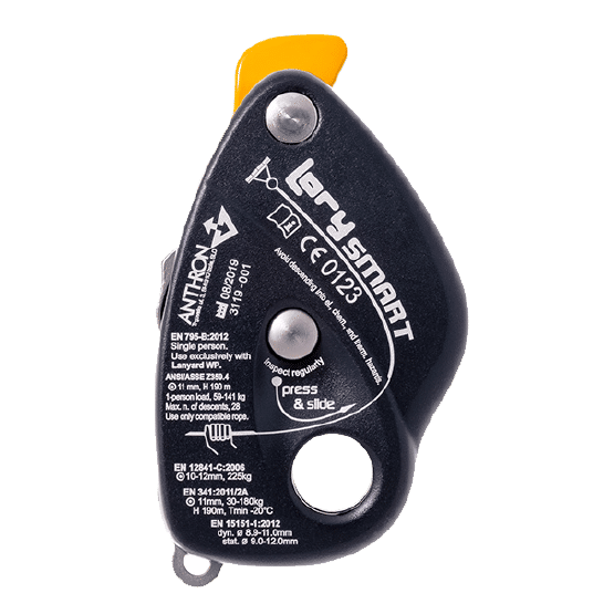 DESCENSOR ASEGURADOR ALUMINIO NEGRO 225 kg CE-EN 12841-EN 341-EN 15151-EN 795 LORY SMART - 5152211 ARMBURY