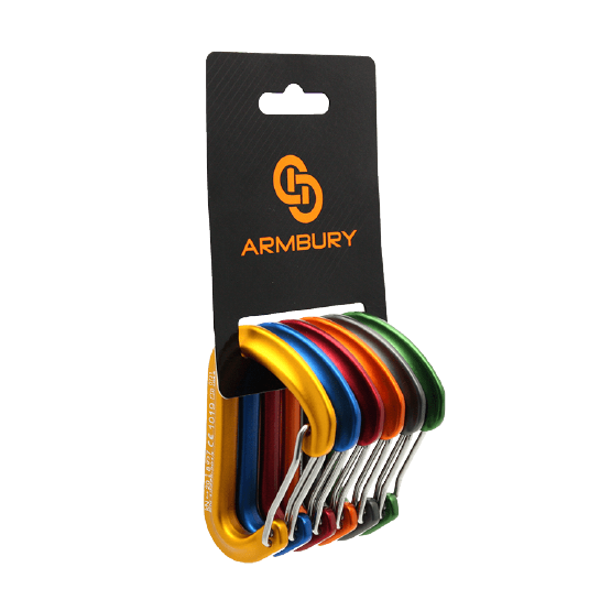 MOSQUETÓN ERGONÓMICO ALUMINIO AMARILLO-AZUL-ROJO-NARANJA-NEGRO-VERDE O COLORES VARIOS SEGURO SIMPLE AUTOMÁTICO (SET 6PZ) 20 kN CE-EN 12275 VIVA WIRE 6 COLOR - 4131766 ARMBURY
